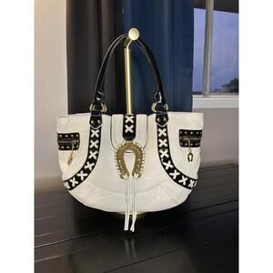 Vintage RARE Betsey Johnson Whipstitch Horse Shoe Gold Bag Cream Lg EUC